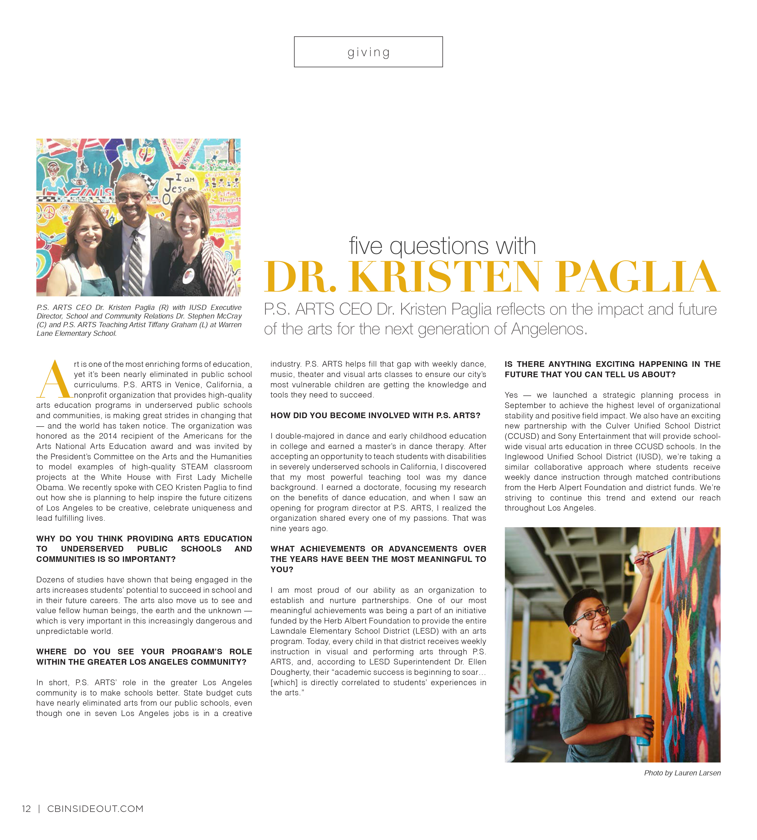 P.S. Arts Q&A with CEO Dr. Kristen Paglia in View Magazine